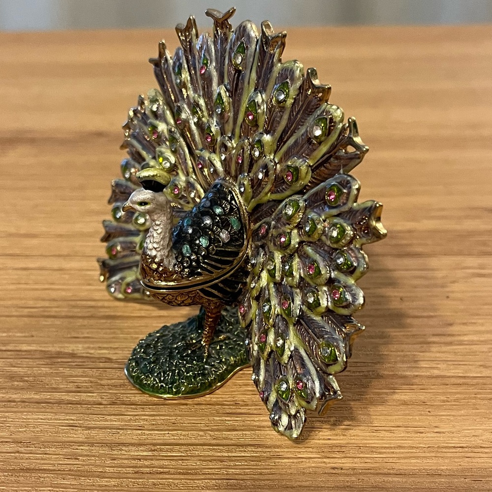 Painted Pewter Bejeweled Peacock Trinket Box  3.5” W 4”H - Picture 2 of 5